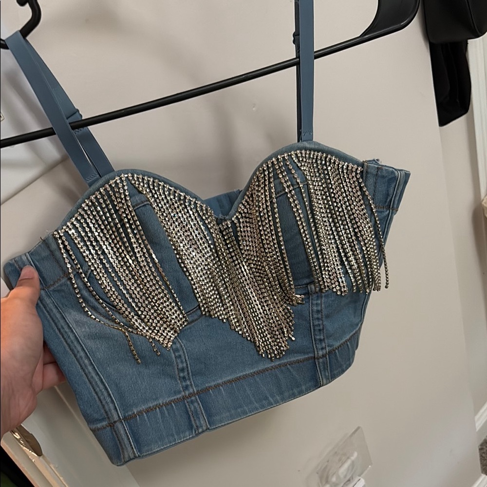 Papaya Blue Denim Crop Top with Silver Fringe